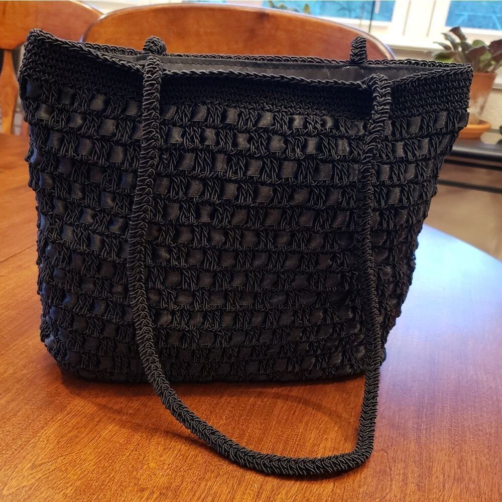 Black Woven Ribbon and Cord Lattice Shoulder Bag Zipper Closure Tote